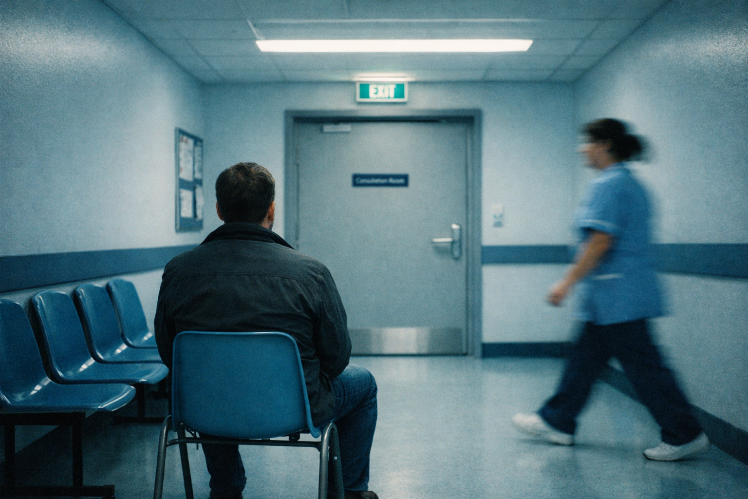 NHS waiting corridor — the silence OTOS addresses